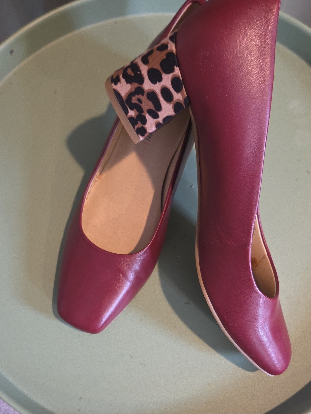 Women's Burgundy Leather Block Heel Pumps with Leopard Accent